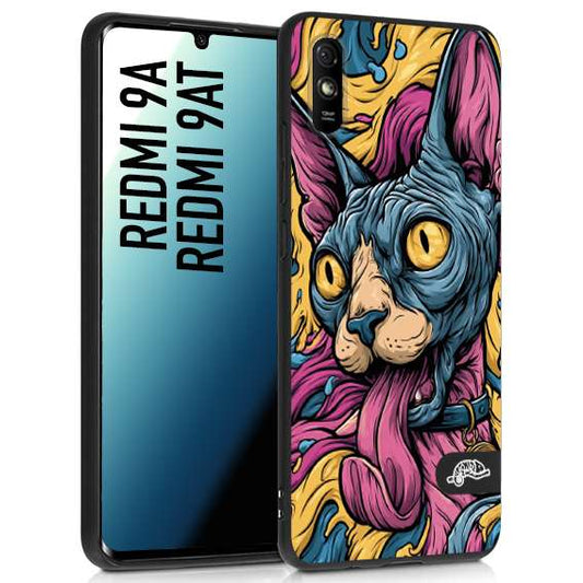 CUSTOMIZZA - Custodia cover nera morbida in tpu compatibile per Xiaomi Redmi 9A - 9AT Sphynx Colorato Pop Art Psichedelico Gatto Blu Rosa Giallo Artistica Fantasy