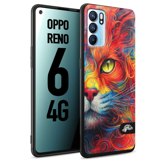 CUSTOMIZZA - Custodia cover nera morbida in tpu compatibile per Oppo Reno 6 4G animali color cat gatto viso colori vibranti disegnato schizzo