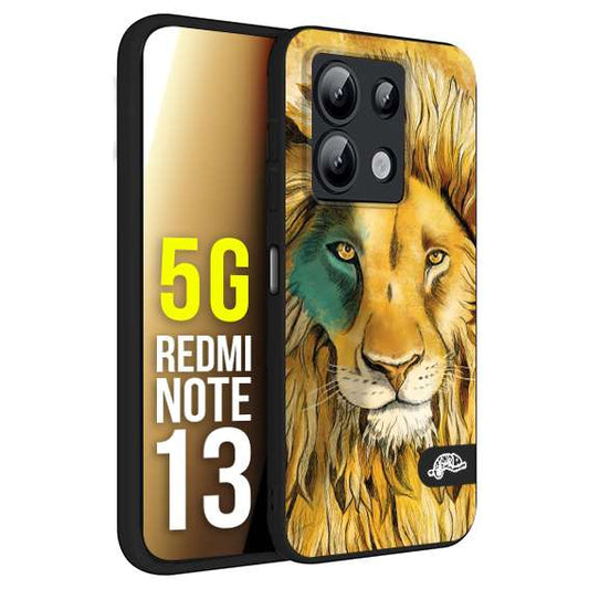 CUSTOMIZZA - Custodia cover nera morbida in tpu compatibile per Xiaomi Redmi Note 13 5G leone lion disegnato a mano giallo blu a rilievo artistico brown