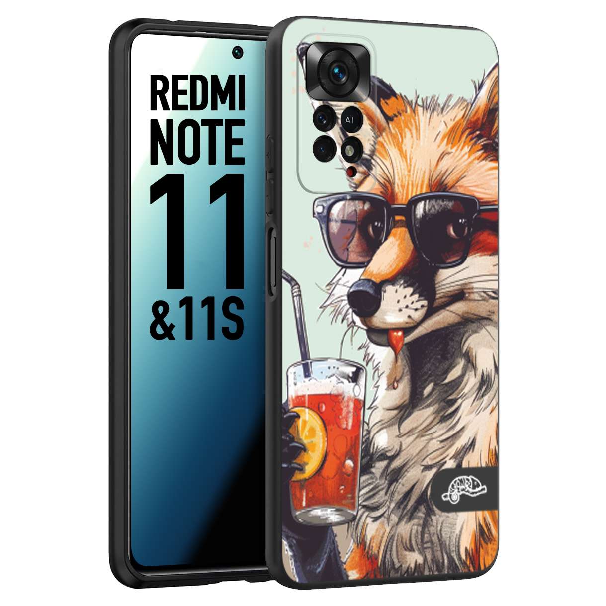 CUSTOMIZZA - Custodia cover nera morbida in tpu compatibile per Xiaomi Redmi Note 11 -  Note 11S estate disegnata cocktails animali simpatici fox volpe negroni