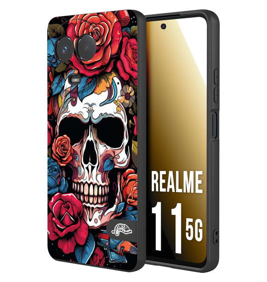 CUSTOMIZZA - Custodia cover nera morbida in tpu compatibile per Oppo Realme 11 5G teschio skull flowers fiori rose rosse tattoo disegnato