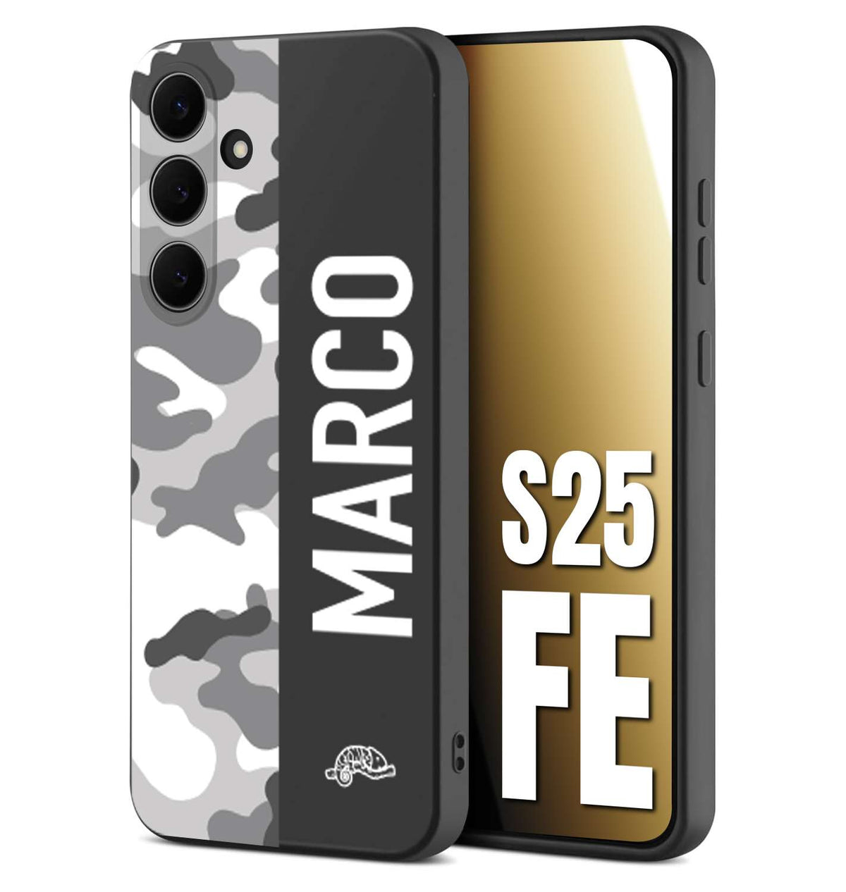 CUSTOMIZZA - Custodia cover nera morbida in tpu compatibile per Samsung S25 FE camouflage mimetico militare personalizzata nome bianco