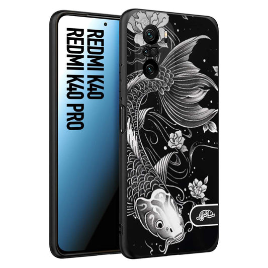CUSTOMIZZA - Custodia cover nera morbida in tpu compatibile per Xiaomi Redmi K40 - K40 Pro carpa koi black and white bianco a rilievo disegnato tattoo tatuaggio