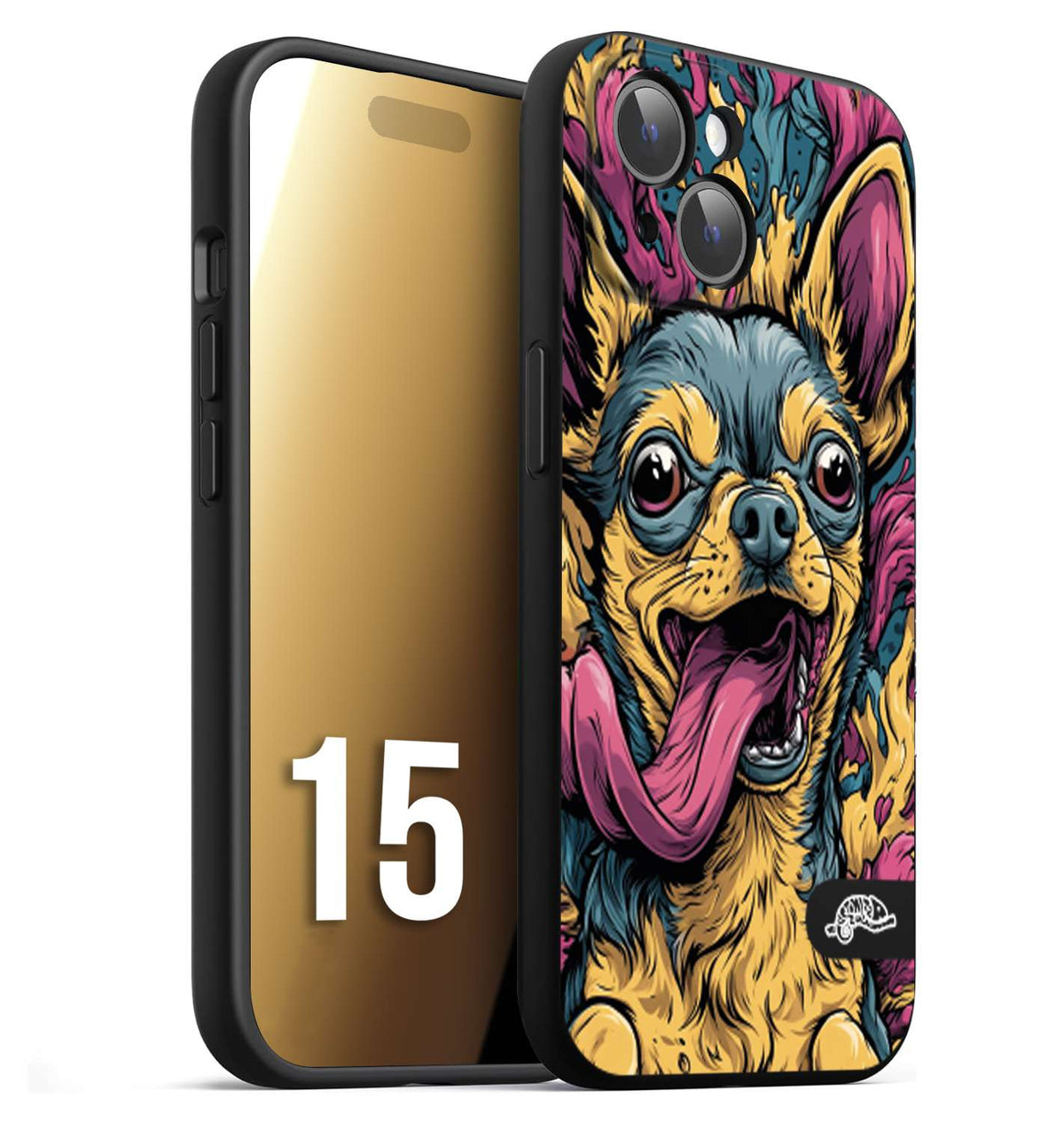 CUSTOMIZZA - Custodia cover nera morbida in tpu compatibile per iPhone 15 Chihuahua illustrazione cane pop art cane street art cartone animato