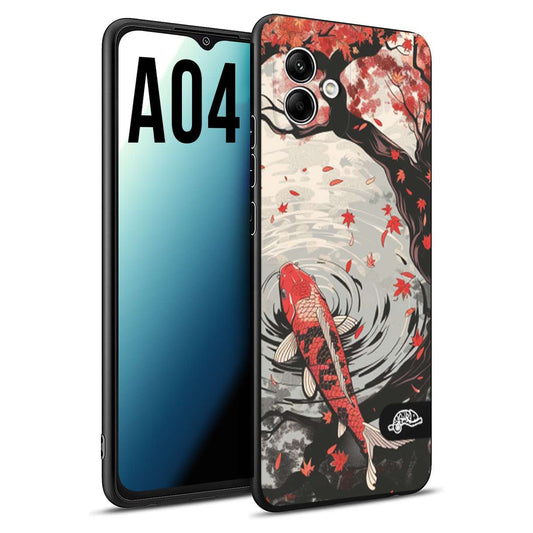 CUSTOMIZZA - Custodia cover nera morbida in tpu compatibile per Samsung A04 giapponese lago carpa koi rossa con foglie d'acero rosso disegnata tattoo