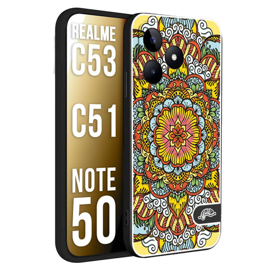 CUSTOMIZZA - Custodia cover nera morbida in tpu compatibile per Oppo Realme C53 - C51 - NOTE 50 mandala colorato fiore nuvole arancione