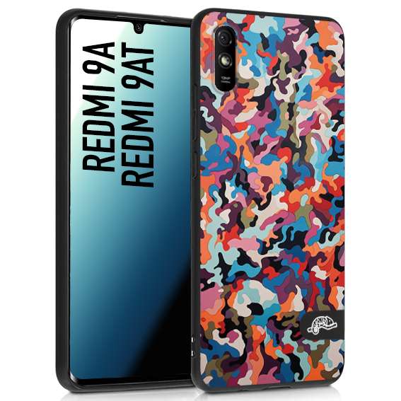 CUSTOMIZZA - Custodia cover nera morbida in tpu compatibile per Xiaomi Redmi 9A - 9AT camouflage mimetico militare moderno blu arancio rosa