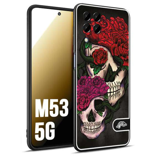CUSTOMIZZA - Custodia cover nera morbida in tpu compatibile per Samsung M53 5G teschi e rose rosse fucsia skull and roses