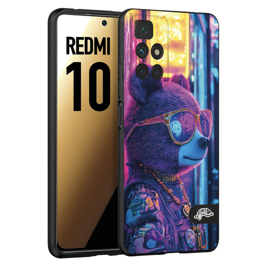 CUSTOMIZZA - Custodia cover nera morbida in tpu compatibile per Xiaomi Redmi 10 animali cyberpunk orsetto orso street bear fucsia blu night