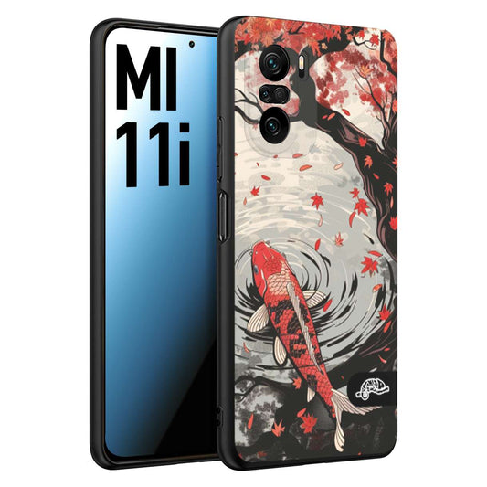 CUSTOMIZZA - Custodia cover nera morbida in tpu compatibile per Xiaomi Mi 11i giapponese lago carpa koi rossa con foglie d'acero rosso disegnata tattoo