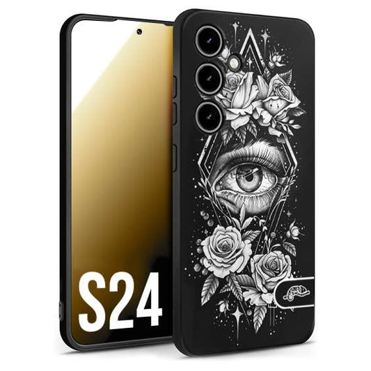 CUSTOMIZZA - Custodia cover nera morbida in tpu compatibile per Samsung S24 occhio fiori rombo geometrico black and white bianco a rilievo disegnato tattoo tatuaggio