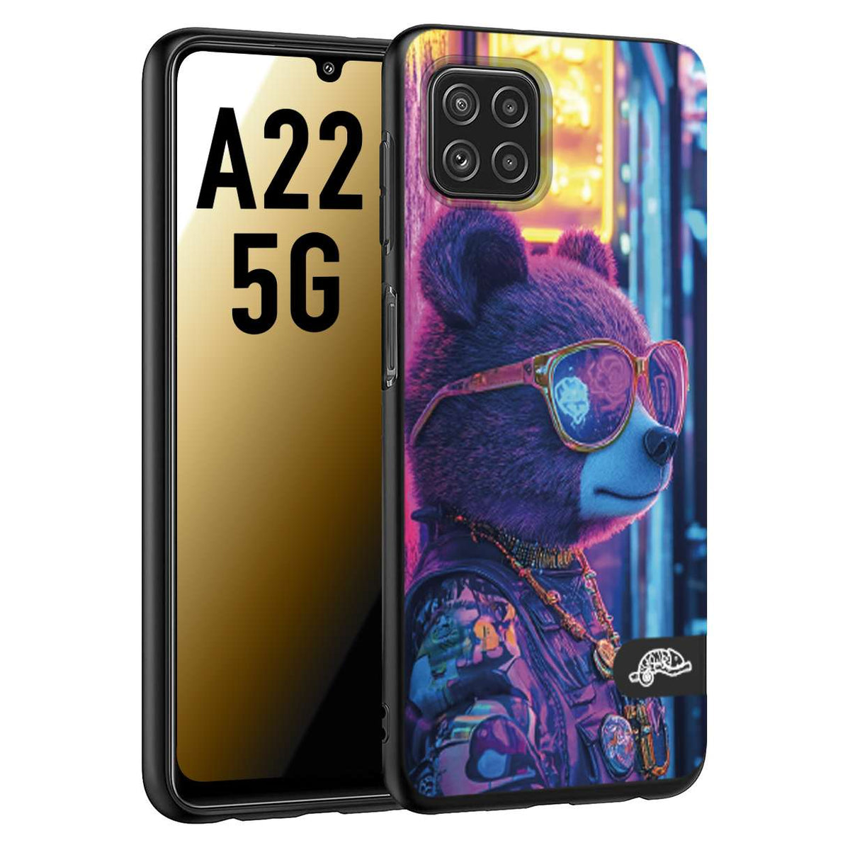 CUSTOMIZZA - Custodia cover nera morbida in tpu compatibile per Samsung A22 5G animali cyberpunk orsetto orso street bear fucsia blu night