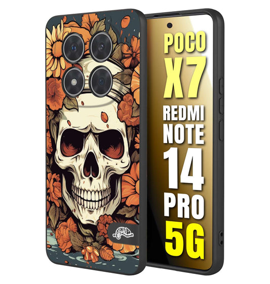 CUSTOMIZZA - Custodia cover nera morbida in tpu compatibile per Xiaomi Redmi Note 14 PRO 5G teschio skull flowers fiori tattoo disegnato alta definizione