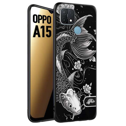 CUSTOMIZZA - Custodia cover nera morbida in tpu compatibile per Oppo A15 carpa koi black and white bianco a rilievo disegnato tattoo tatuaggio