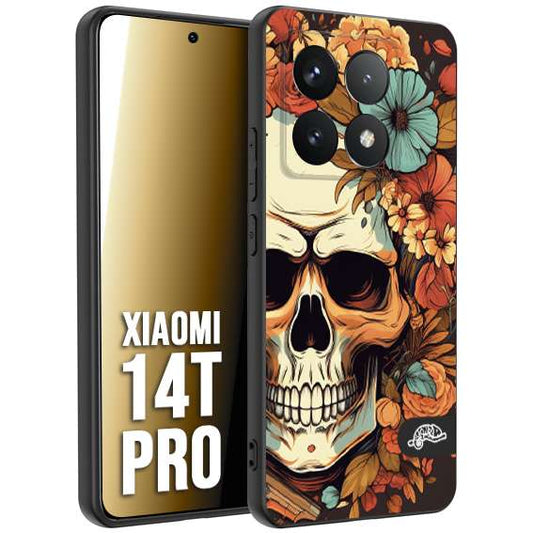 CUSTOMIZZA - Custodia cover nera morbida in tpu compatibile per Xiaomi 14T PRO teschio skull flowers fiori autunnali arancio celeste tattoo