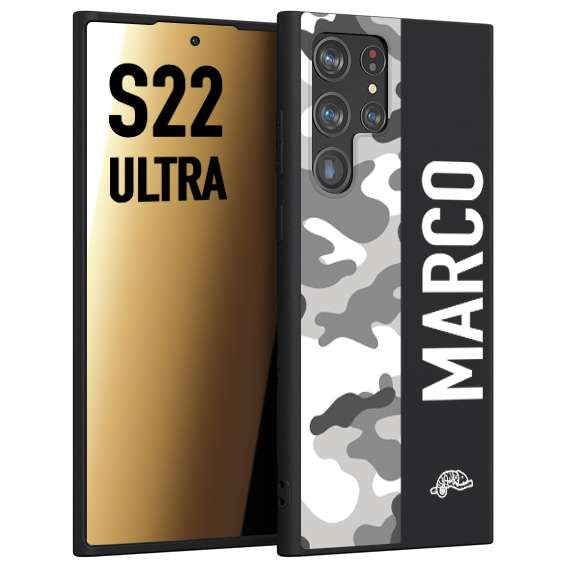 CUSTOMIZZA - Custodia cover nera morbida in tpu compatibile per Samsung S22 ULTRA camouflage mimetico militare personalizzata nome bianco