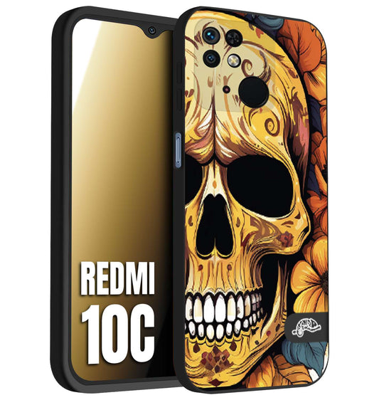 CUSTOMIZZA - Custodia cover nera morbida in tpu compatibile per Xiaomi Redmi 10C teschio messicano colorato dorato fiori autunnali disegnato