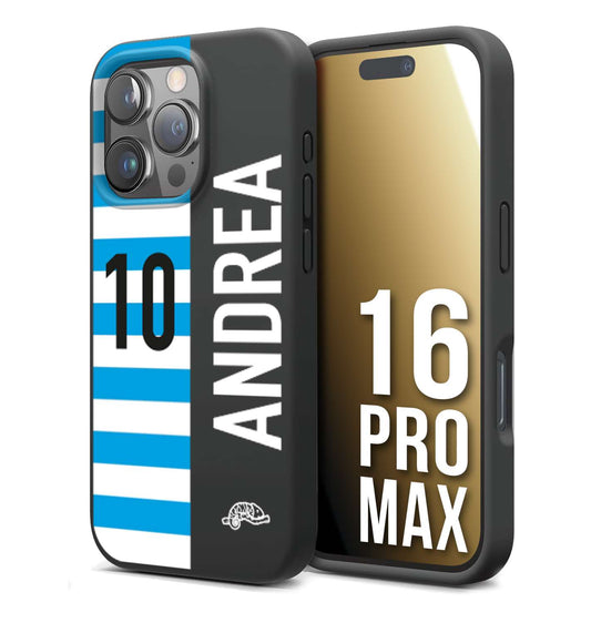 CUSTOMIZZA - Custodia cover nera morbida in tpu compatibile per iPhone 16 PRO MAX personalizzata calcio football nome e numero calciatori biancazzurri