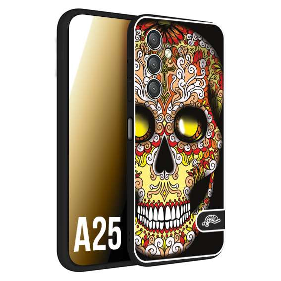 CUSTOMIZZA - Custodia cover nera morbida in tpu compatibile per Samsung A25 teschio messicano Mexican skull giallo rosso arancio