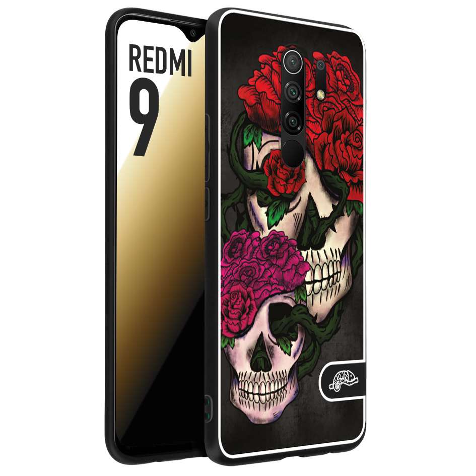 CUSTOMIZZA - Custodia cover nera morbida in tpu compatibile per Xiaomi Redmi 9 teschi e rose rosse fucsia skull and roses