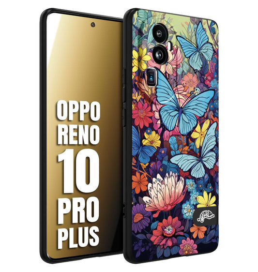 CUSTOMIZZA - Custodia cover nera morbida in tpu compatibile per Oppo Reno 10 PRO PLUS farfalle butterfly moderno donna disegnate gialla blu rosa