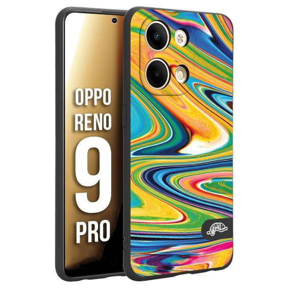 CUSTOMIZZA - Custodia cover nera morbida in tpu compatibile per Oppo Reno 9 PRO colorata fantasia vortice marmo arcobaleno gialla verde blu