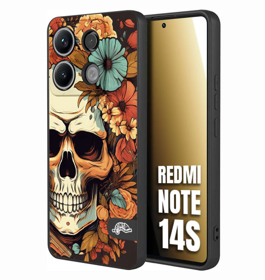 CUSTOMIZZA - Custodia cover nera morbida in tpu compatibile per Xiaomi Redmi Note 14S teschio skull flowers fiori autunnali arancio celeste tattoo