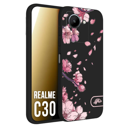 CUSTOMIZZA - Custodia cover nera morbida in tpu compatibile per Oppo Realme C30 giapponese fiori di ciliegio in fiore a rilievo disegnata tattoo