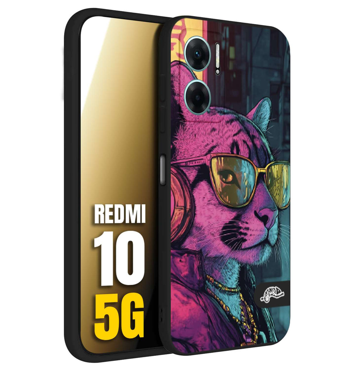 CUSTOMIZZA - Custodia cover nera morbida in tpu compatibile per Xiaomi Redmi 10 5G animali cyberpunk pantera street cat fucsia blu giallo