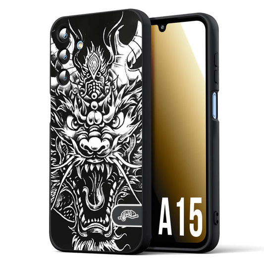 CUSTOMIZZA - Custodia cover nera morbida in tpu compatibile per Samsung A15 5G drago black and white bianco a rilievo disegnato tattoo tatuaggio