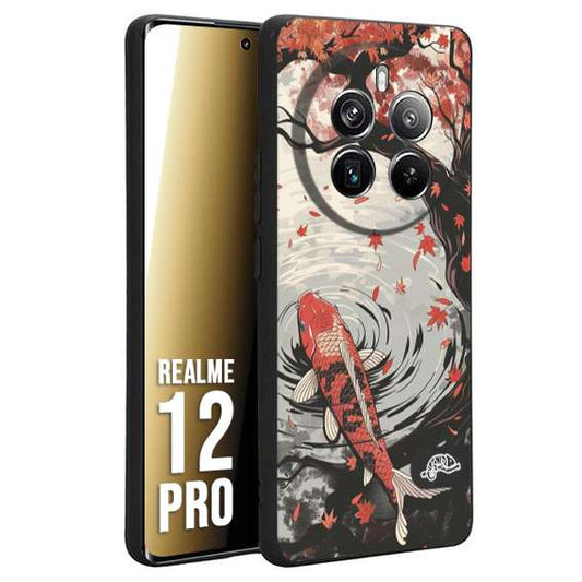 CUSTOMIZZA - Custodia cover nera morbida in tpu compatibile per Realme 12 PRO giapponese lago carpa koi rossa con foglie d'acero rosso disegnata tattoo