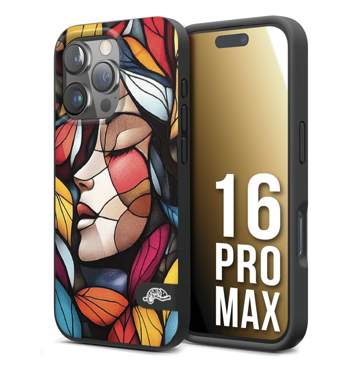 CUSTOMIZZA - Custodia cover nera morbida in tpu compatibile per iPhone 16 PRO MAX Vetrata artistica volto di donna profilo fogliare mosaico di vetro colorato