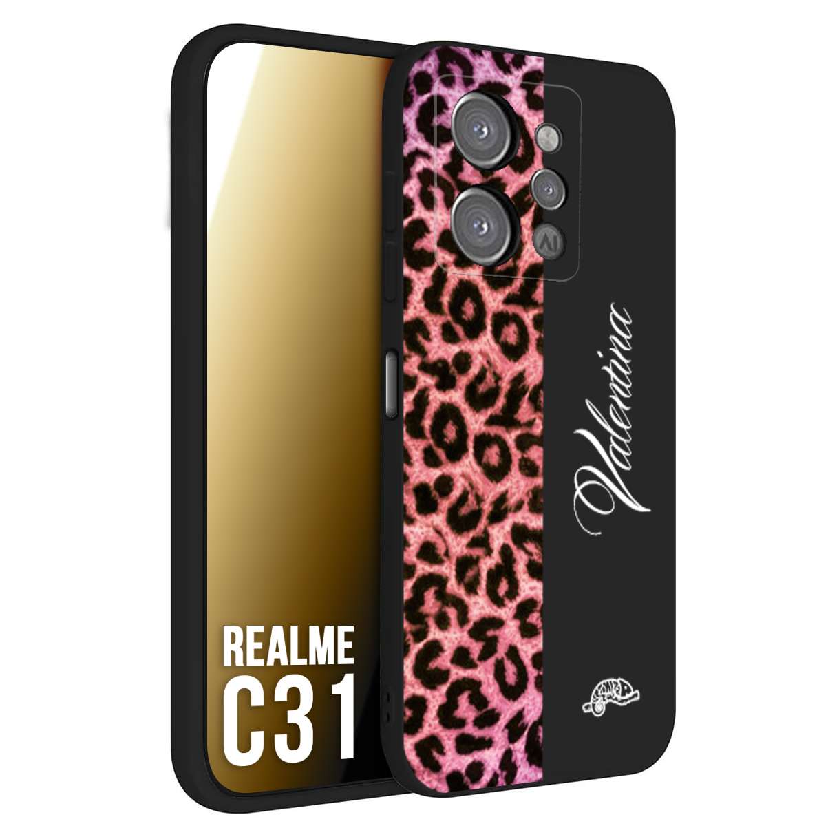 CUSTOMIZZA - Custodia cover nera morbida in tpu compatibile per Oppo Realme C31 leopardato rosa fucsia personalizzata nome iniziali