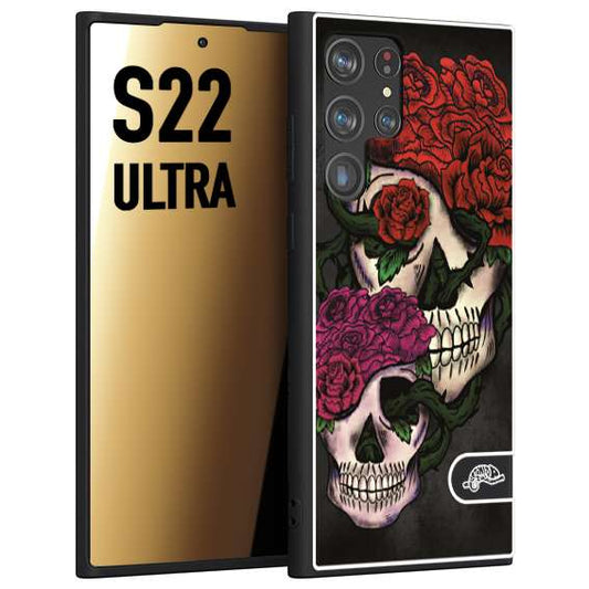 CUSTOMIZZA - Custodia cover nera morbida in tpu compatibile per Samsung S22 ULTRA teschi e rose rosse fucsia skull and roses