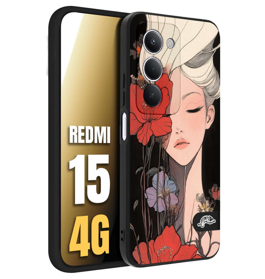CUSTOMIZZA - Custodia cover nera morbida in tpu compatibile per Xiaomi Redmi 15 4G woman flower Fantasia Floreale Design Donna e Fiori, Retro Artistico