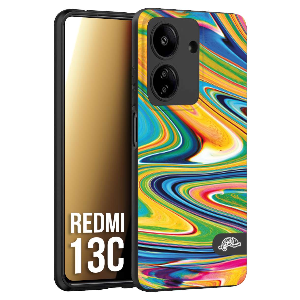 CUSTOMIZZA - Custodia cover nera morbida in tpu compatibile per Xiaomi Redmi 13C colorata fantasia vortice marmo arcobaleno gialla verde blu