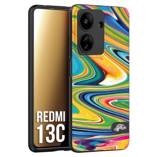 CUSTOMIZZA - Custodia cover nera morbida in tpu compatibile per Xiaomi Redmi 13C colorata fantasia vortice marmo arcobaleno gialla verde blu