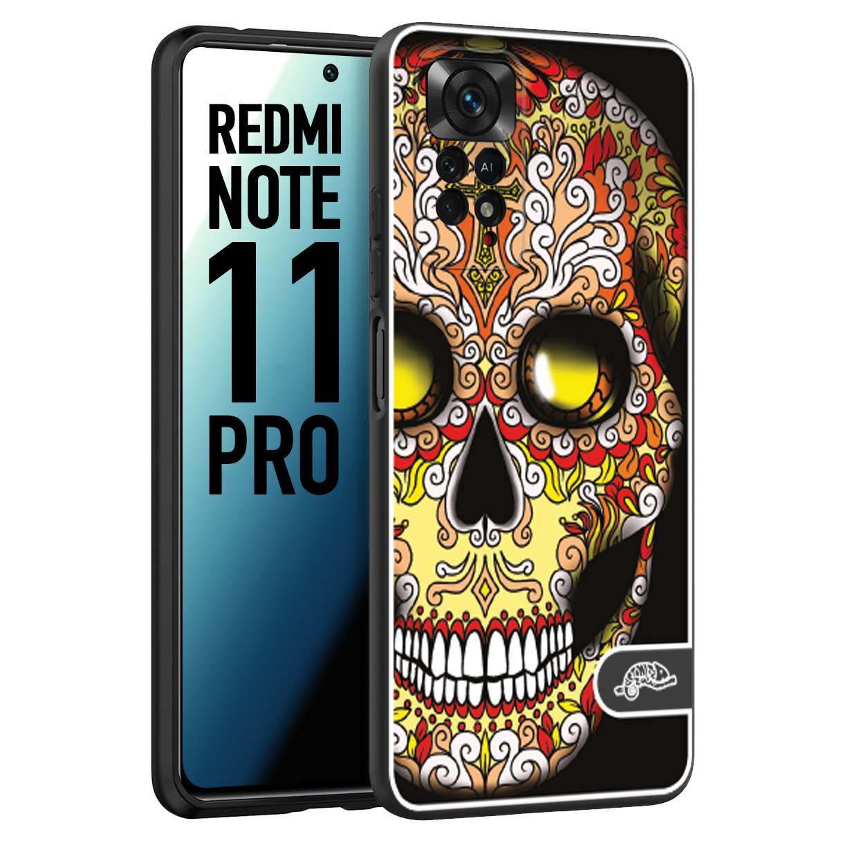 CUSTOMIZZA - Custodia cover nera morbida in tpu compatibile per Xiaomi Redmi Note 11 PRO teschio messicano Mexican skull giallo rosso arancio