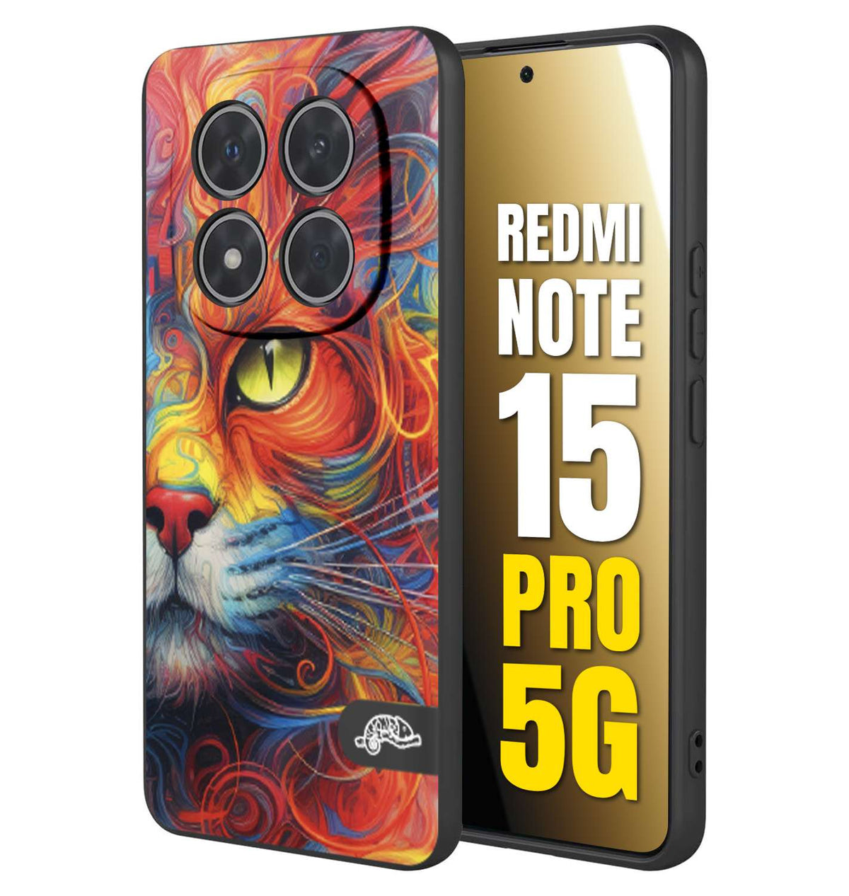 CUSTOMIZZA - Custodia cover nera morbida in tpu compatibile per Xiaomi Redmi Note 15 PRO 5G animali color cat gatto viso colori vibranti disegnato schizzo