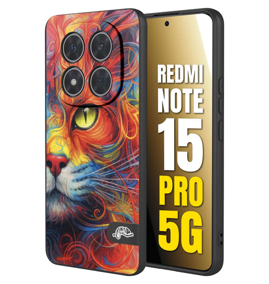 CUSTOMIZZA - Custodia cover nera morbida in tpu compatibile per Xiaomi Redmi Note 15 PRO 5G animali color cat gatto viso colori vibranti disegnato schizzo