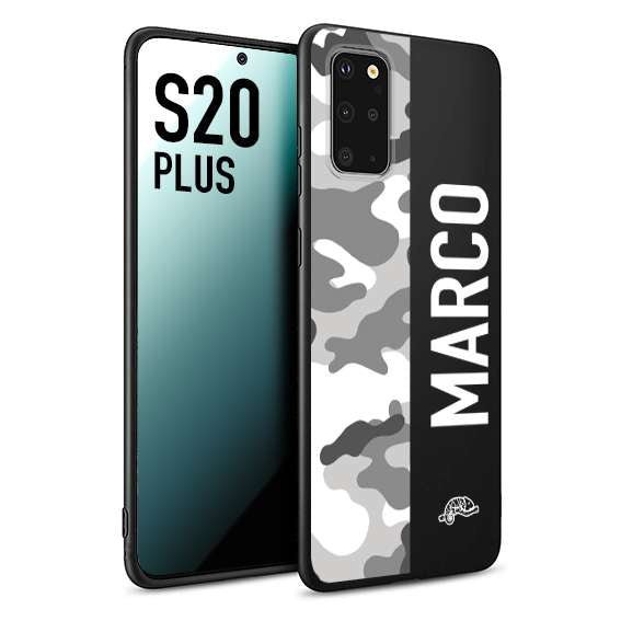 CUSTOMIZZA - Custodia cover nera morbida in tpu compatibile per Samsung S20 PLUS camouflage mimetico militare personalizzata nome bianco