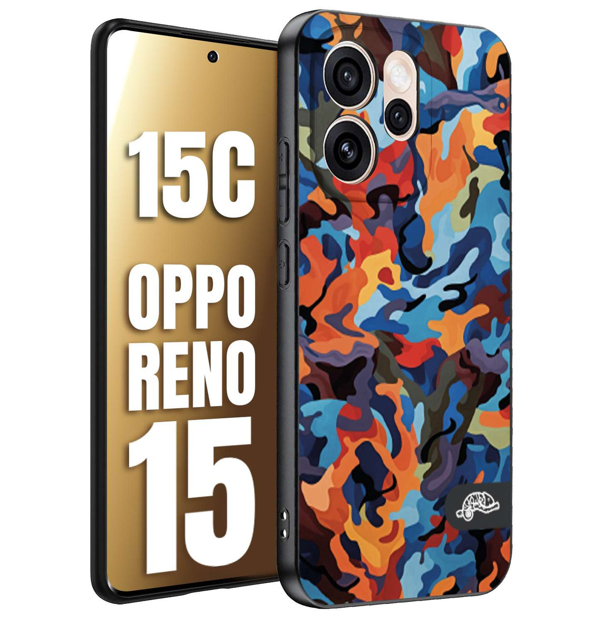 CUSTOMIZZA - Custodia cover nera morbida in tpu compatibile per Oppo Reno 15 - Reno 15Ccamouflage mimetico militare moderno blu arancio rosso