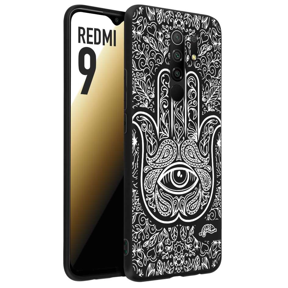 CUSTOMIZZA - Custodia cover nera morbida in tpu compatibile per Xiaomi Redmi 9 mano di fatima effetto rilievo mandala donna