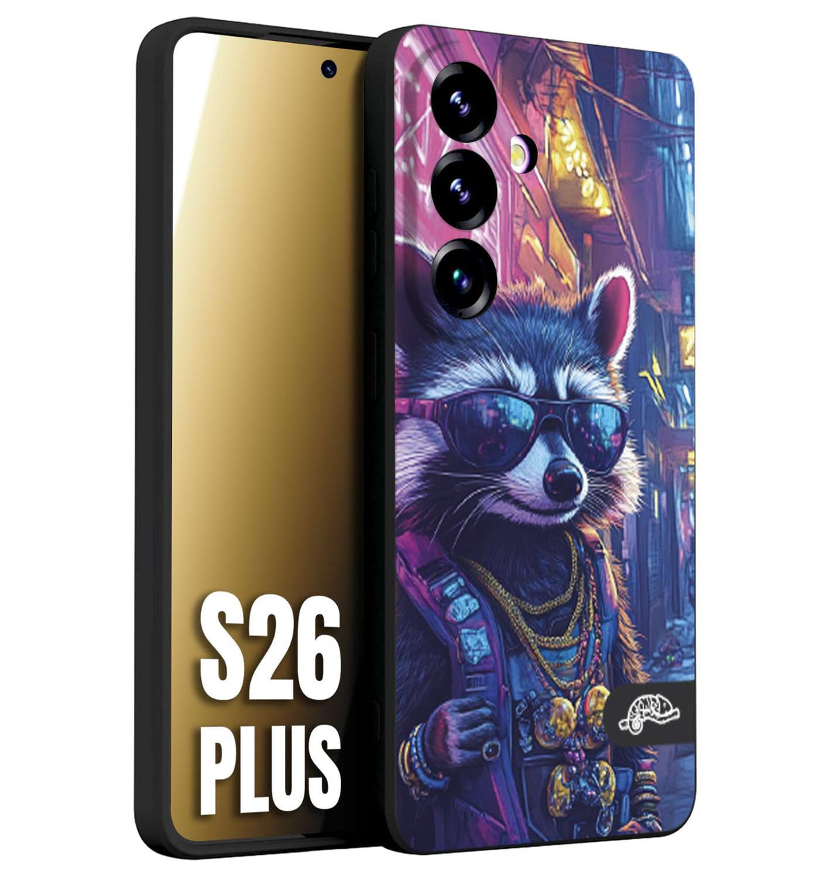 CUSTOMIZZA - Custodia cover nera morbida in tpu compatibile per Samsung S26 PLUS animali simpatici cyberpunk procione racoon street cat fucsia blu giallo