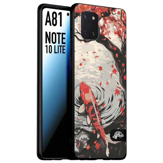 CUSTOMIZZA - Custodia cover nera morbida in tpu compatibile per Samsung A81 - Note 10 Lite giapponese lago carpa koi rossa con foglie d'acero rosso disegnata tattoo