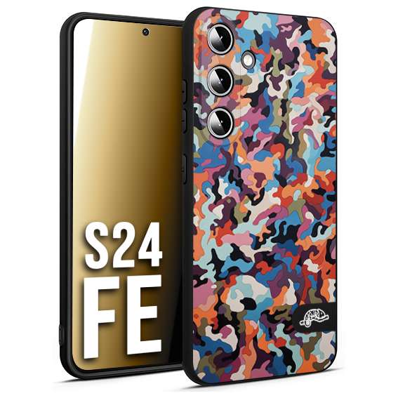 CUSTOMIZZA - Custodia cover nera morbida in tpu compatibile per Samsung S24 FE camouflage mimetico militare moderno blu arancio rosa