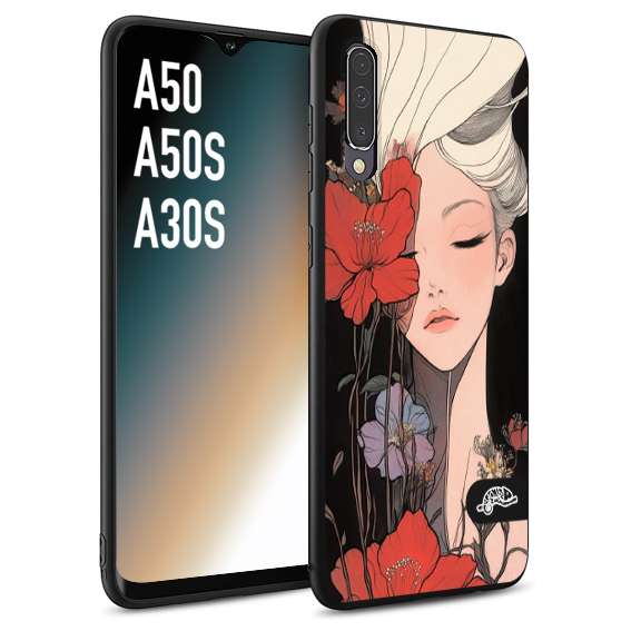 CUSTOMIZZA - Custodia cover nera morbida in tpu compatibile per Samsung A50 - A50S - A30S woman flower Fantasia Floreale Design Donna e Fiori, Retro Artistico