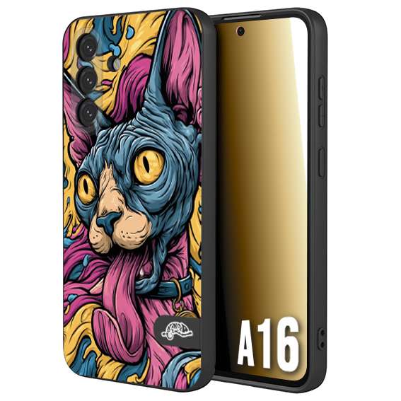 CUSTOMIZZA - Custodia cover nera morbida in tpu compatibile per Samsung A16 Sphynx Colorato Pop Art Psichedelico Gatto Blu Rosa Giallo Artistica Fantasy