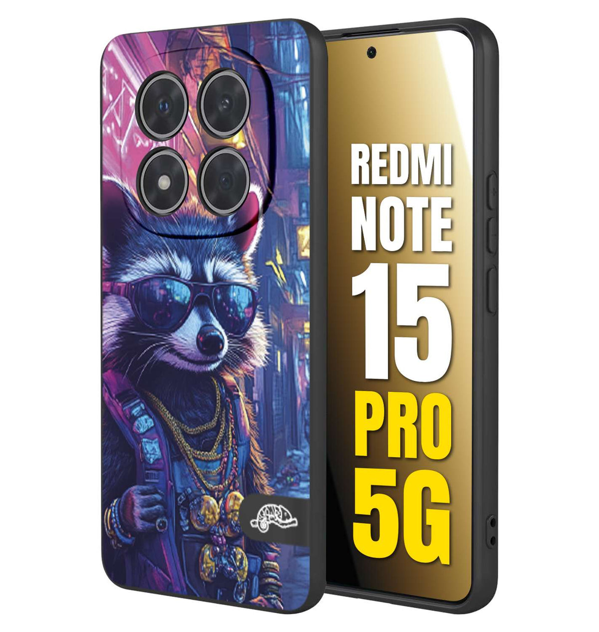 CUSTOMIZZA - Custodia cover nera morbida in tpu compatibile per Xiaomi Redmi Note 15 PRO 5G animali simpatici cyberpunk procione racoon street cat fucsia blu giallo
