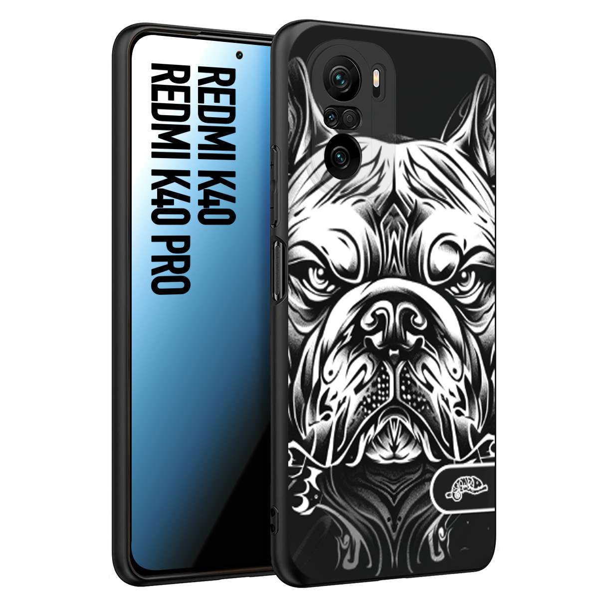 CUSTOMIZZA - Custodia cover nera morbida in tpu compatibile per Xiaomi Redmi K40 - K40 Pro bulldog bianco a rilievo disegnato tattoo tatuaggio